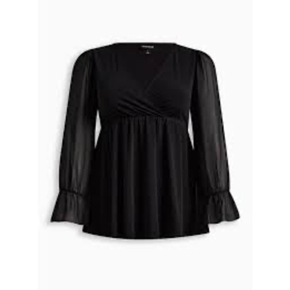 Torrid Babydoll Top Womens 2 Black Chiffon Sleeve V-Neck Ruffle EUC